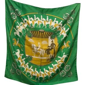 Hermes Manege Silk Scarf Green Gold Horse Carousel Carre 90 Vintage